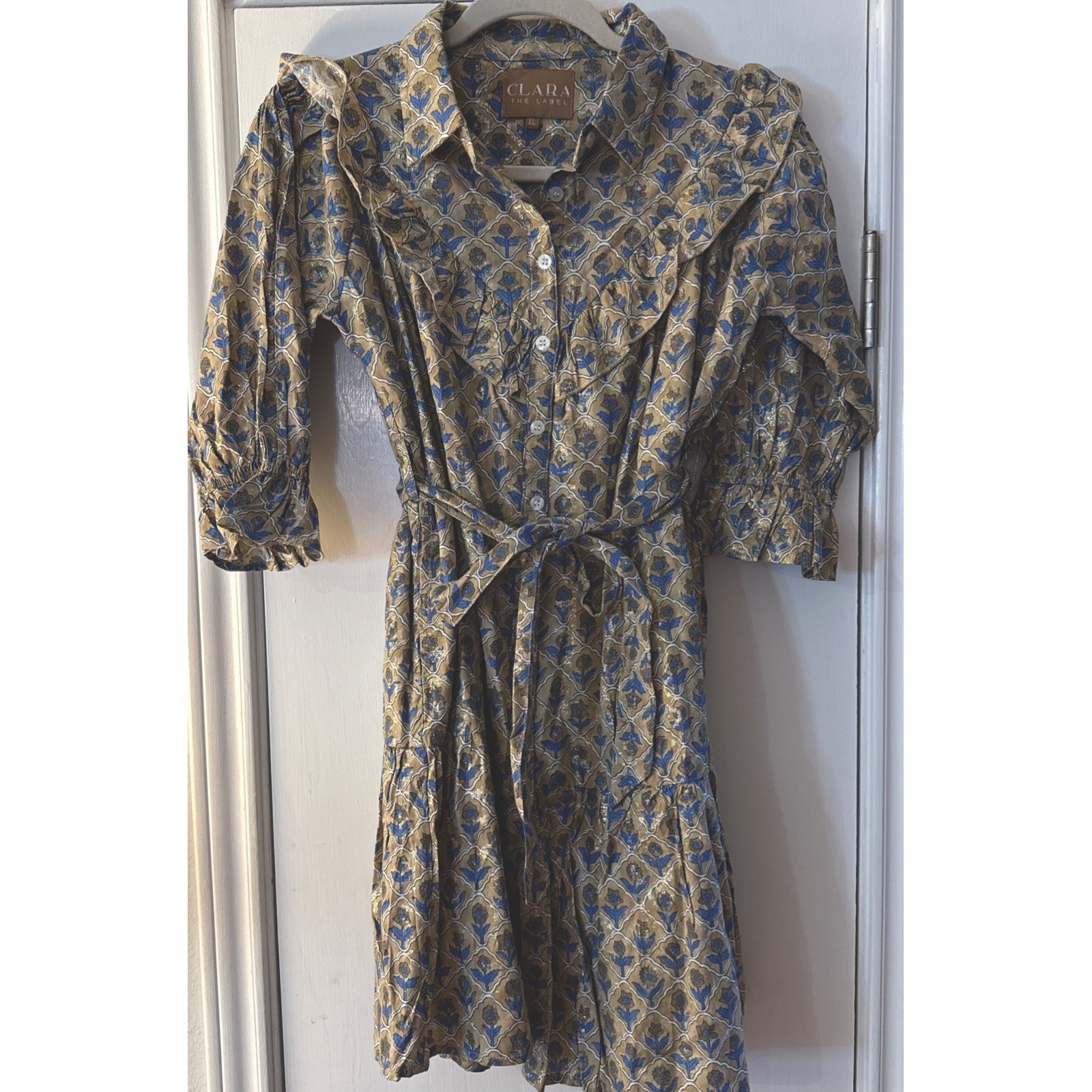 Victoria Dunn Clara The Label Block Print Floral Mini Dress Xl Ruffle Gold Blue